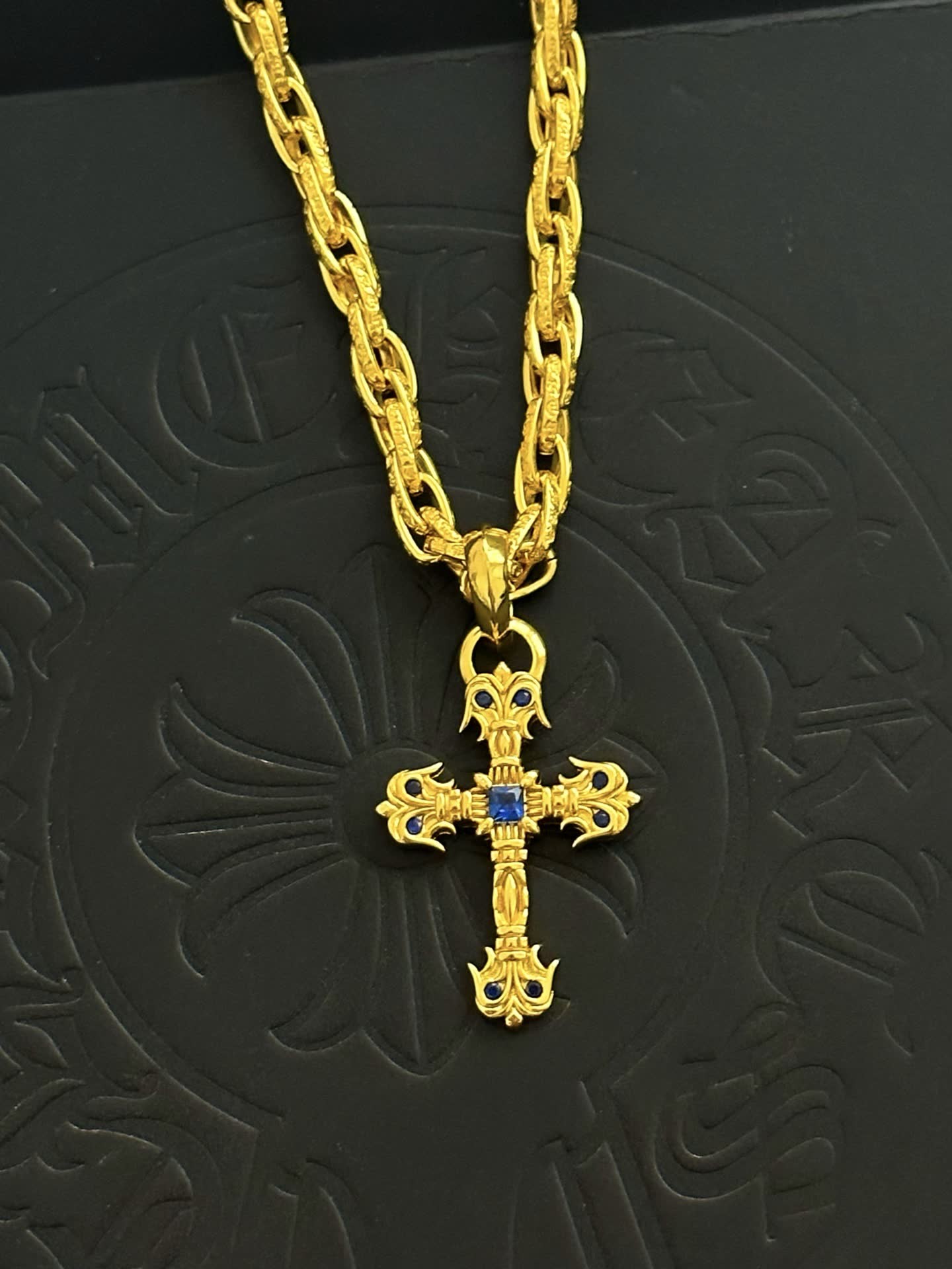 Chrome Hearts Gold Cross Pendant Necklace with Blue Gemstone